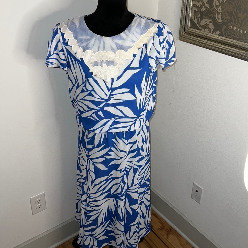 Andrea Gayle vintage 1980’s‎ blue white foliage print midi dress 12-14